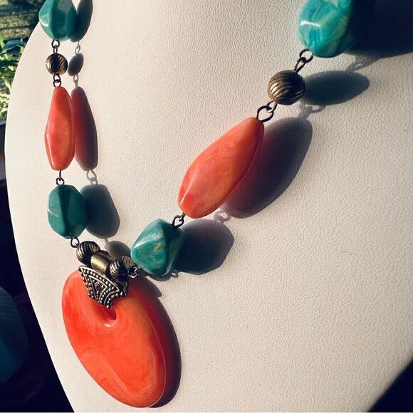 Vintage Faux Coral & Turquoise Statement Necklace - Picture 2 of 6